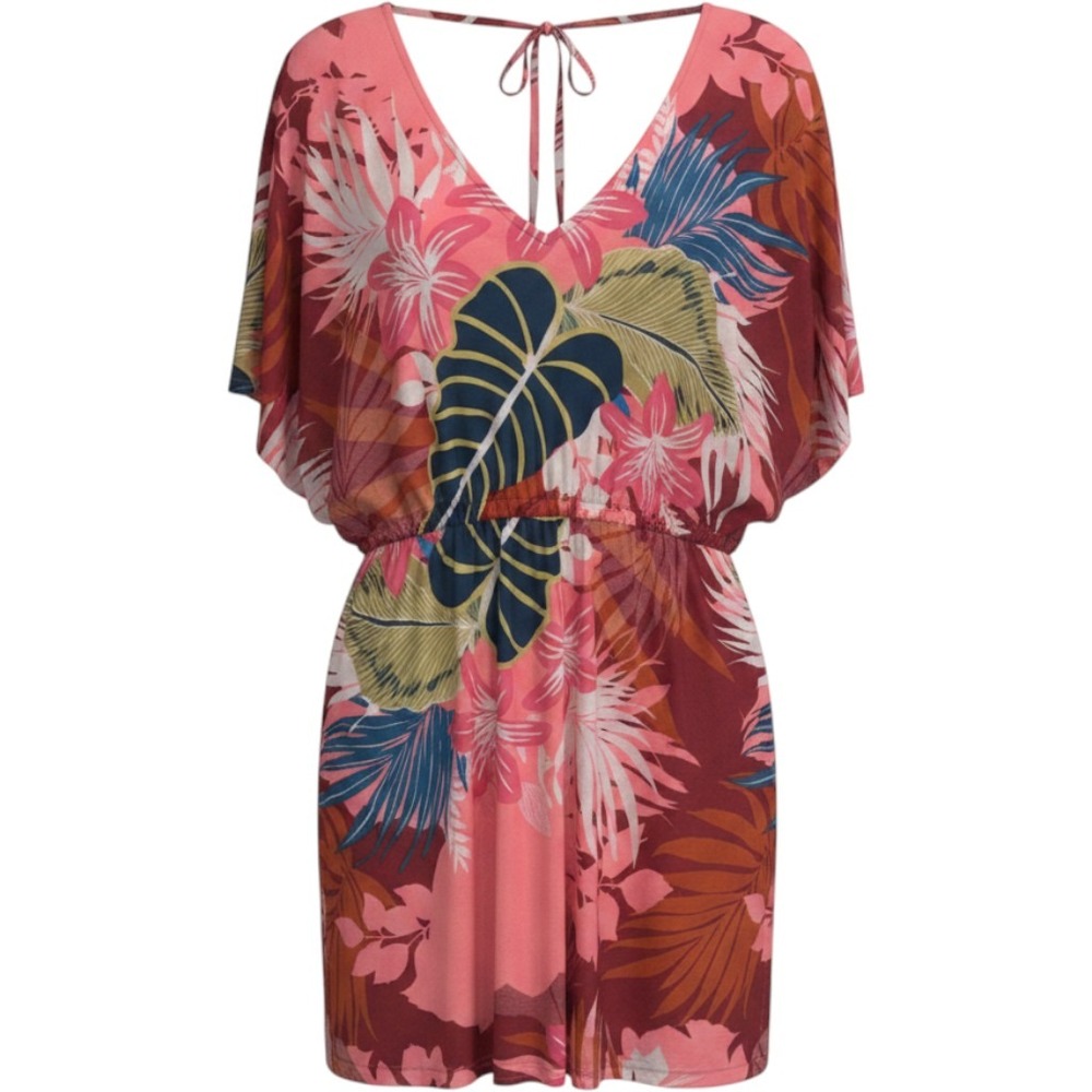 Lildy Women Pink Tropical Floral Silky‎ Swim Cover-Up Dress L-XL Tie Back V-Neck